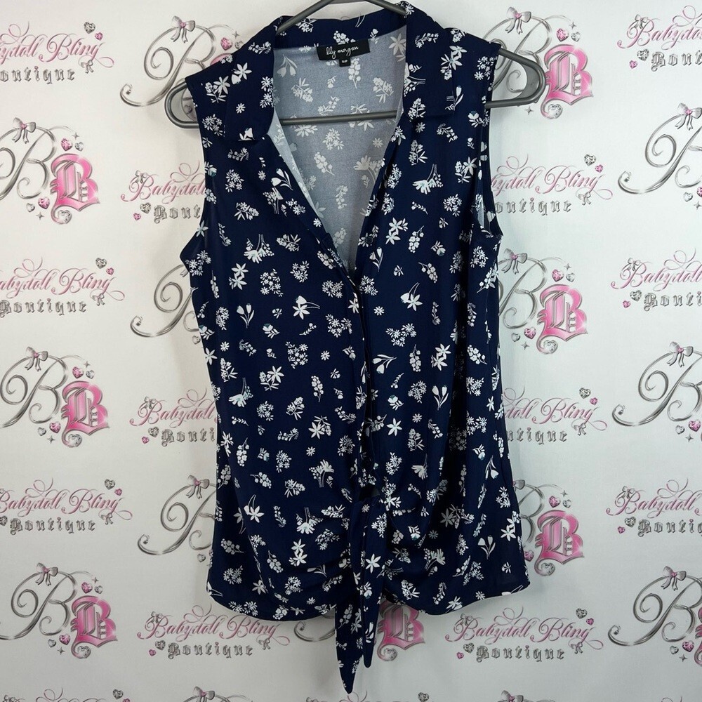 Lily Morgan tank top button up flowers white blue Navy Floral Sleeveless Blouse